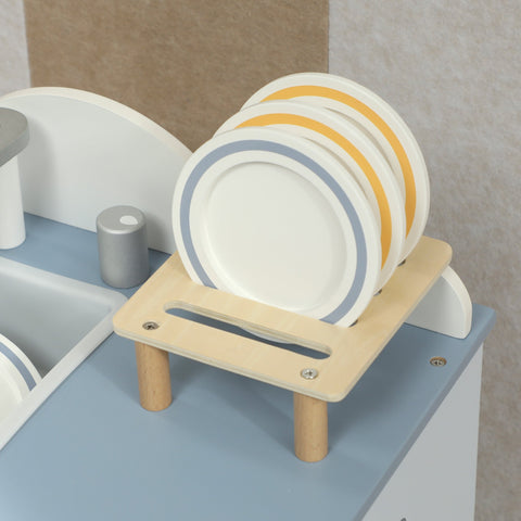 Stack of white wooden plates with yellow and gray rings for aiyaplay wooden dishwasher playset kids toy