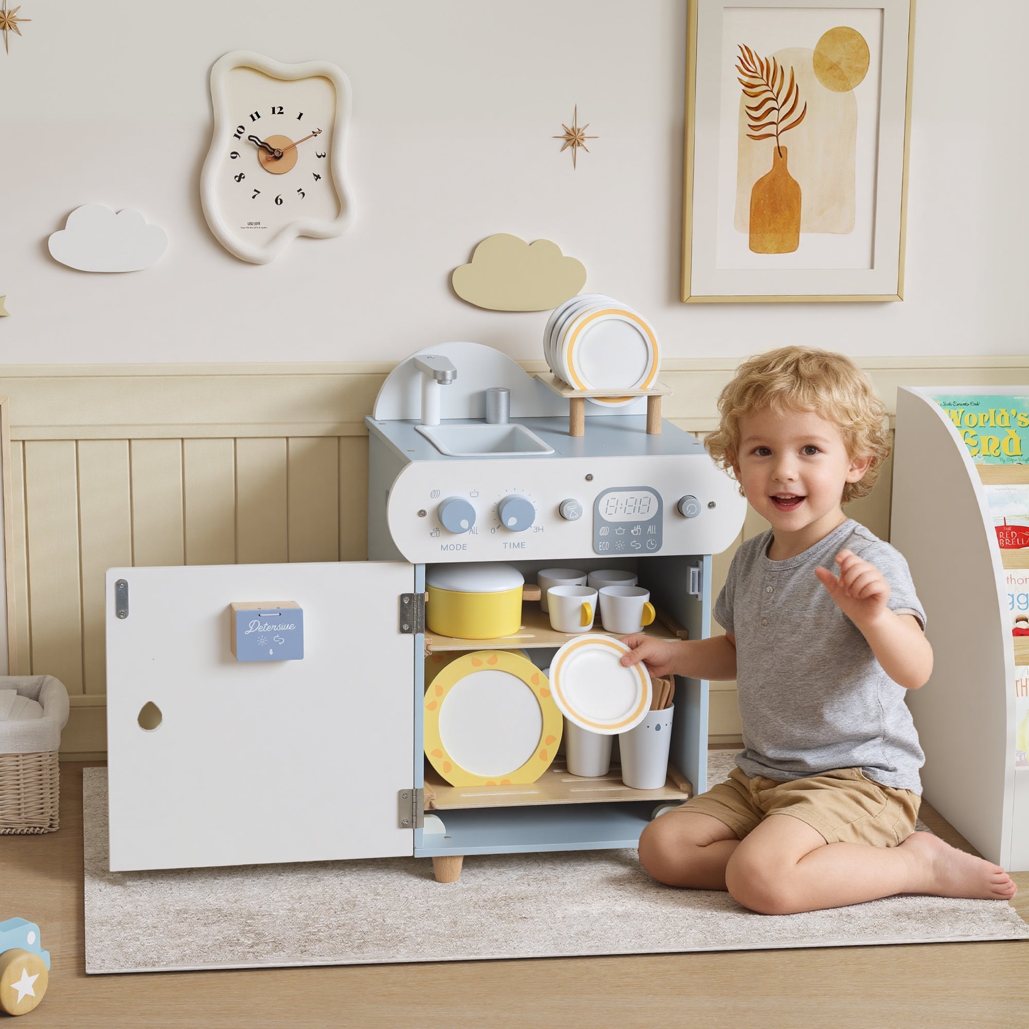 Light blue and white wooden dishwasher playset with yellow accents by AIYAPLAY for boys girls toddlers