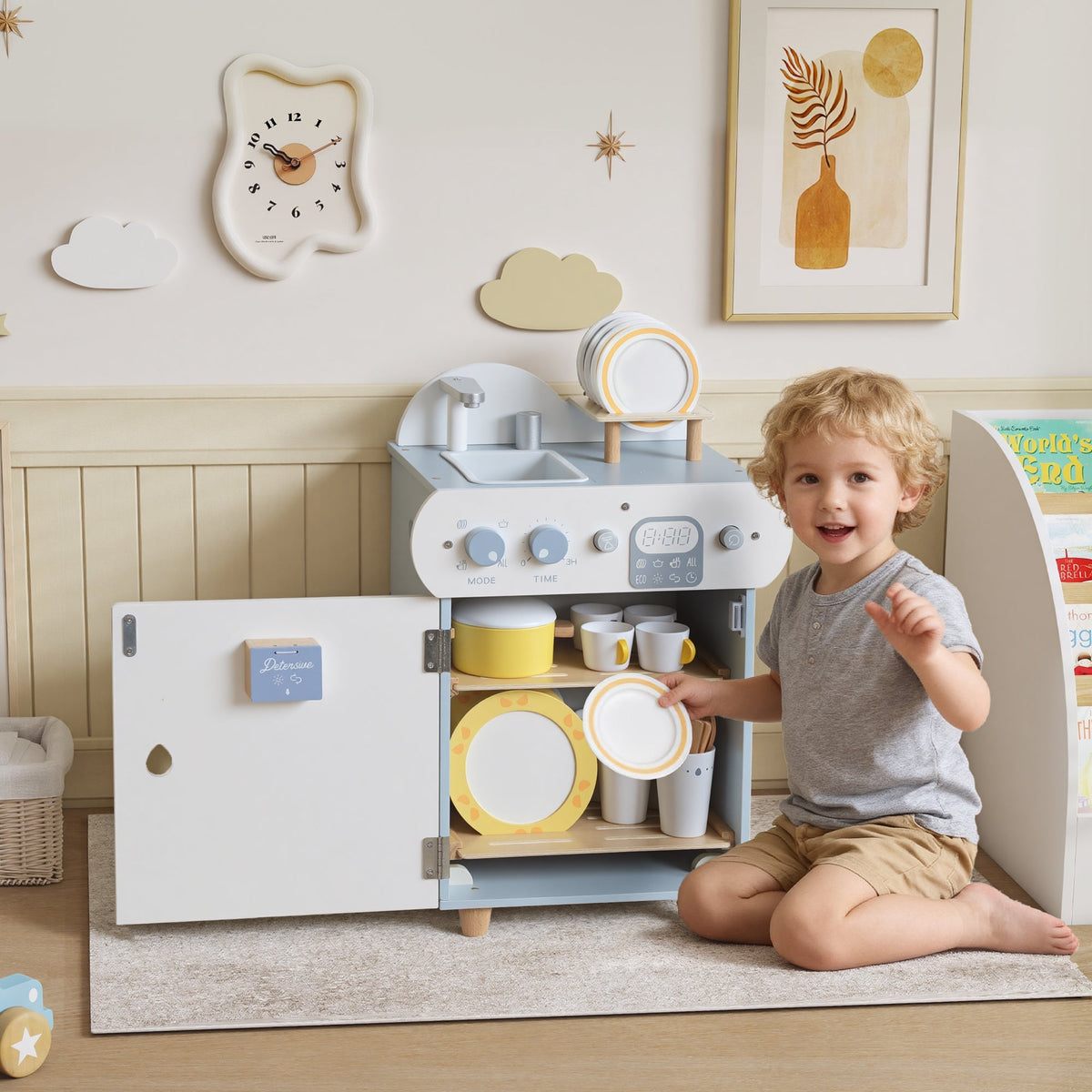 Light blue and white wooden dishwasher playset with yellow accents by AIYAPLAY for boys girls toddlers
