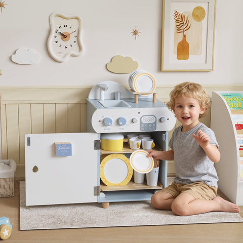 Light blue and white wooden dishwasher playset with yellow accents by AIYAPLAY for boys girls toddlers
