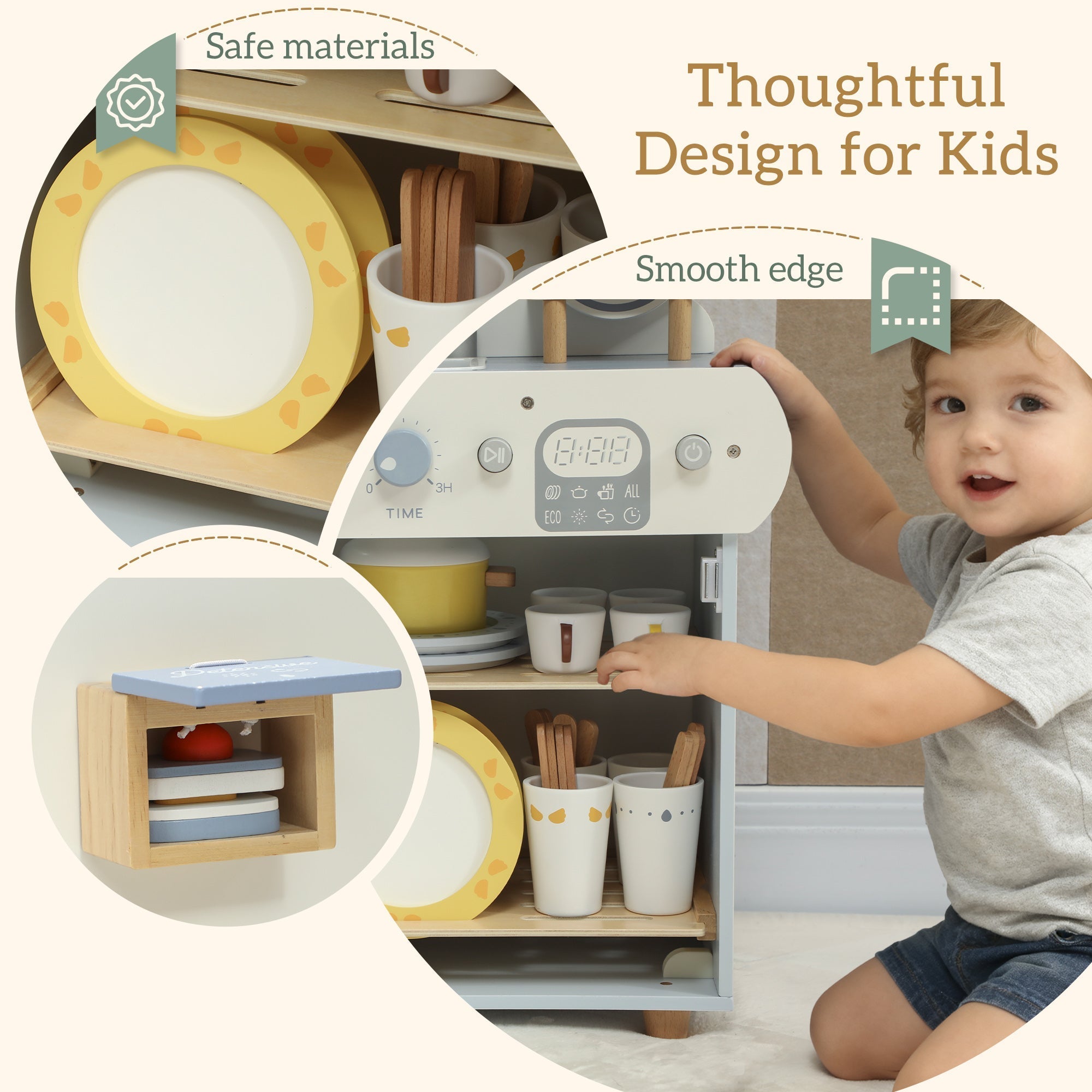 Aiyaplay wooden dishwasher playset with white wooden kitchen, yellow and blue accents, digital display panel