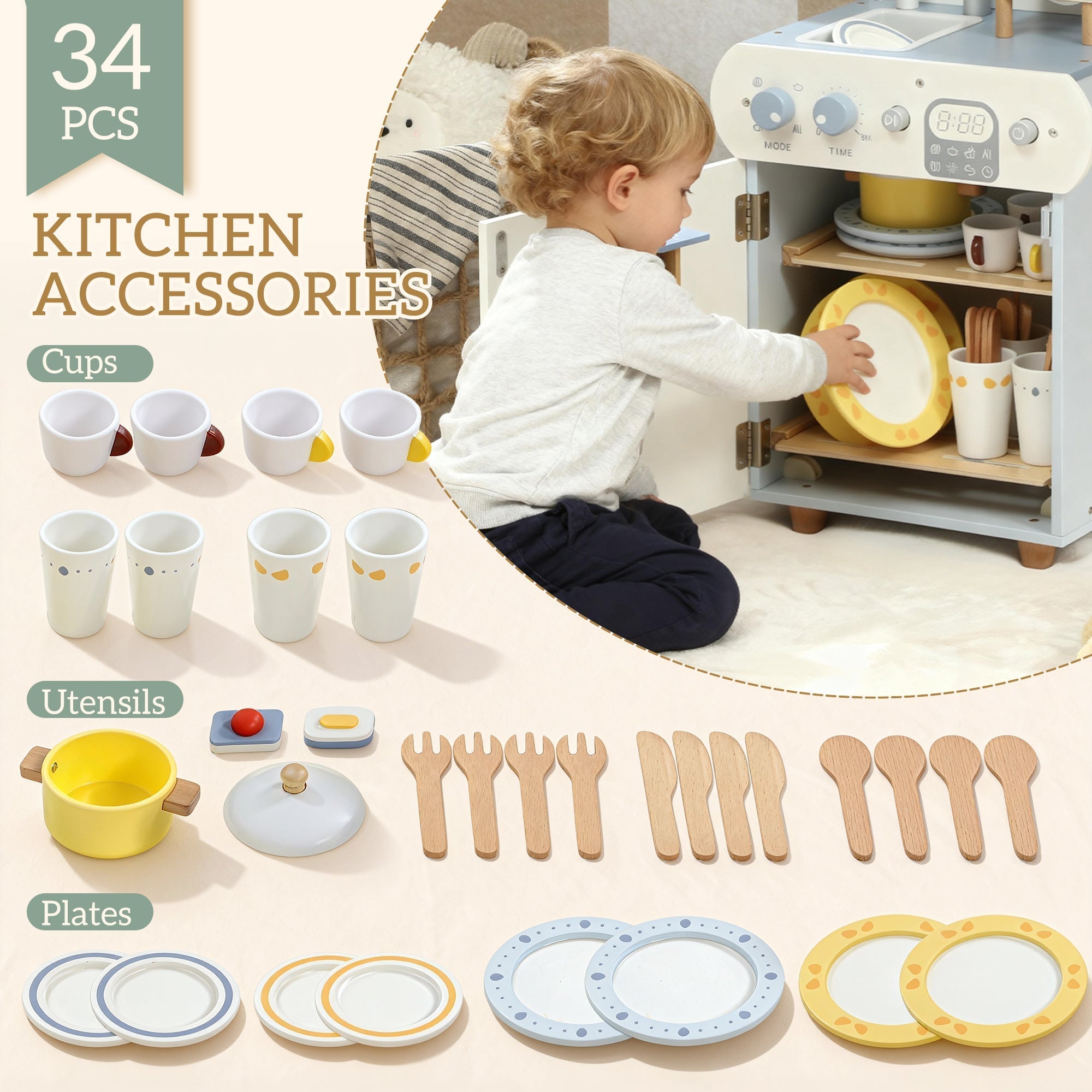 Wooden dishwasher playset with colorful ceramic and wooden utensils plates cups and a miniature oven for kids play