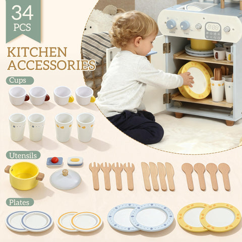 Wooden dishwasher playset with colorful ceramic and wooden utensils plates cups and a miniature oven for kids play