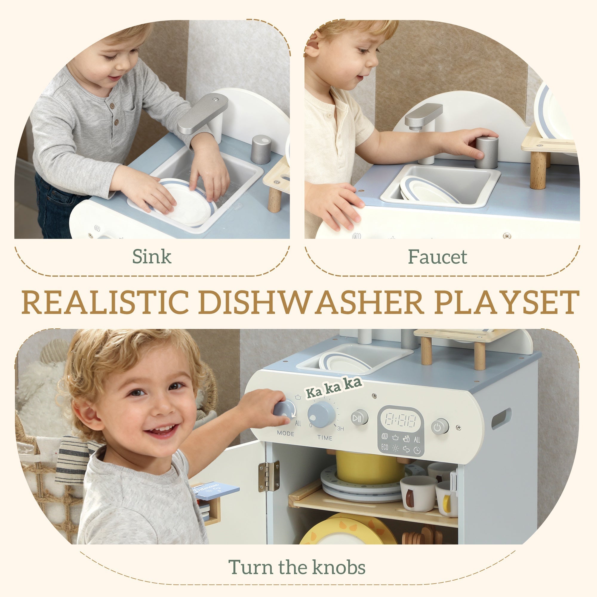 Light blue and white wooden dishwasher playset with knobs digital display and shelves for toddlers by aiyaplay