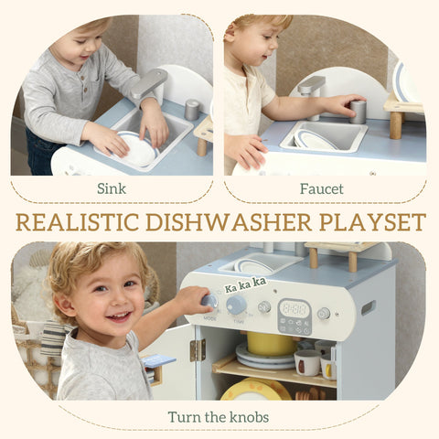 Light blue and white wooden dishwasher playset with knobs digital display and shelves for toddlers by aiyaplay