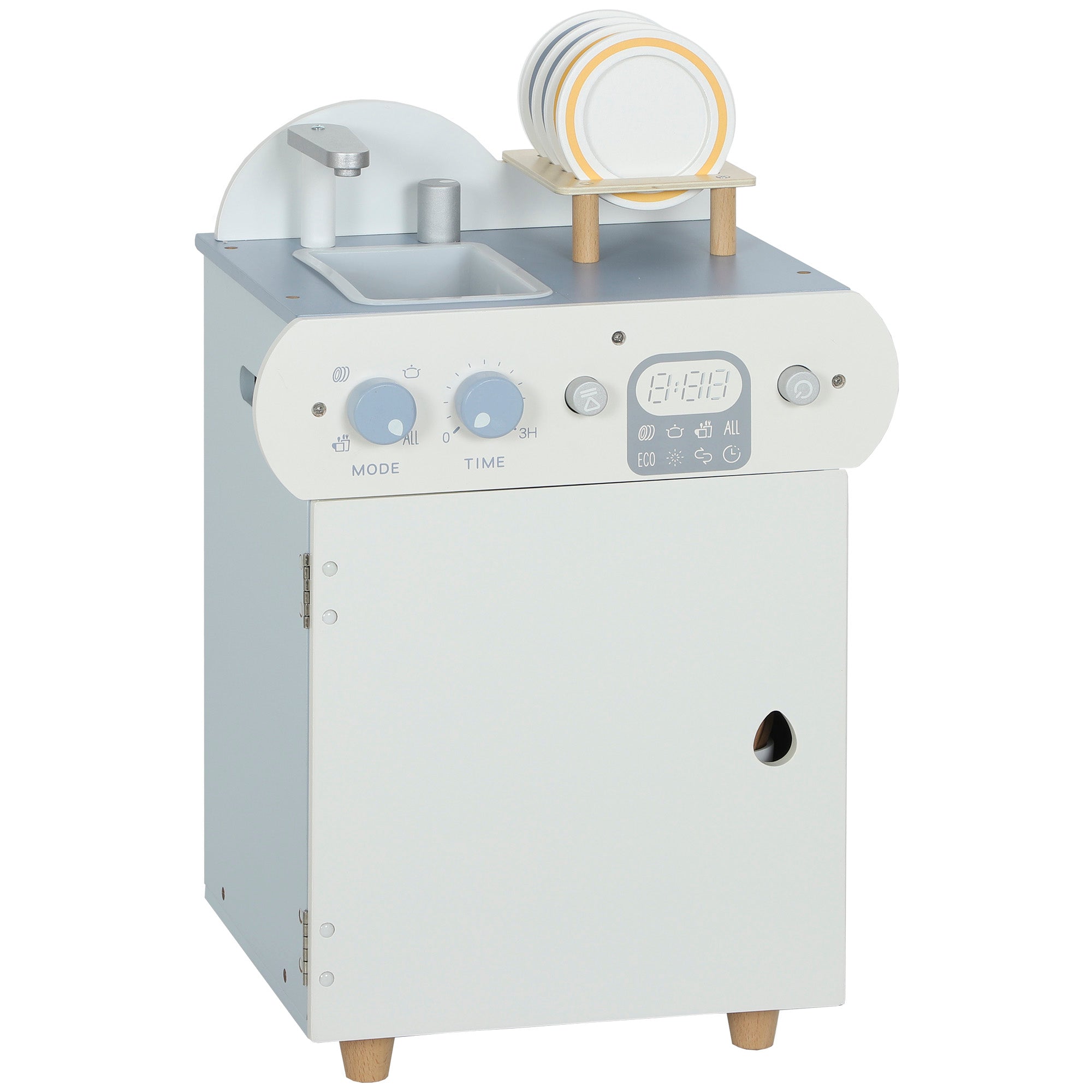 Aiyaplay wooden dishwasher playset features a white wooden sink with light blue knobs and digital display with stacked plates