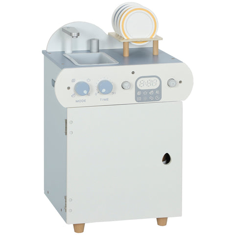 Aiyaplay wooden dishwasher playset features a white wooden sink with light blue knobs and digital display with stacked plates