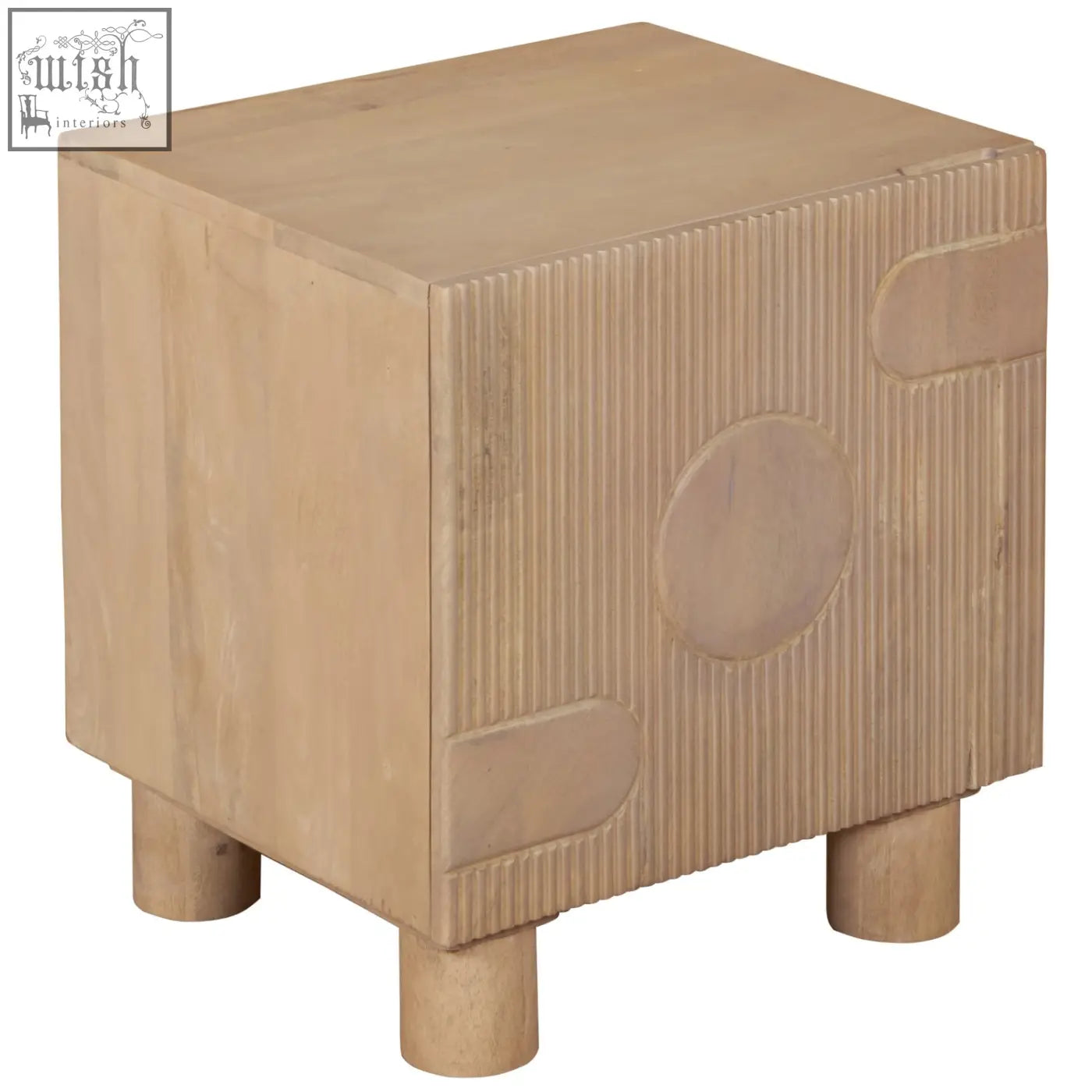 Light brown ajmer solid wood bedside table with fluted design and circular cutouts in a light brown finish