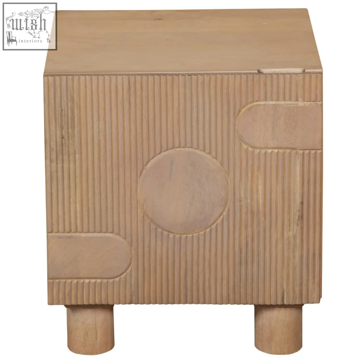 Ajmer solid wood bedside table in light brown finish with fluted design and circular cutout on light wood cube side table