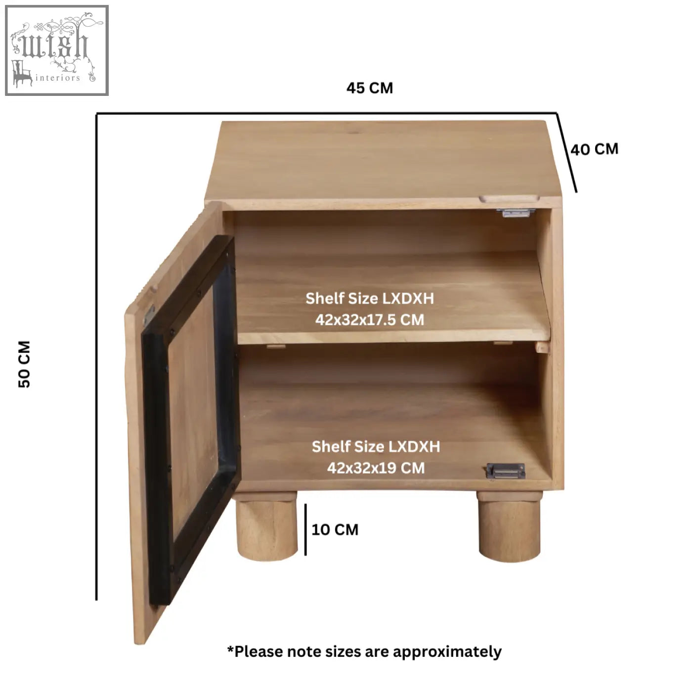 Ajmer solid wood bedside table with light brown finish single door and fluted design with two adjustable shelves