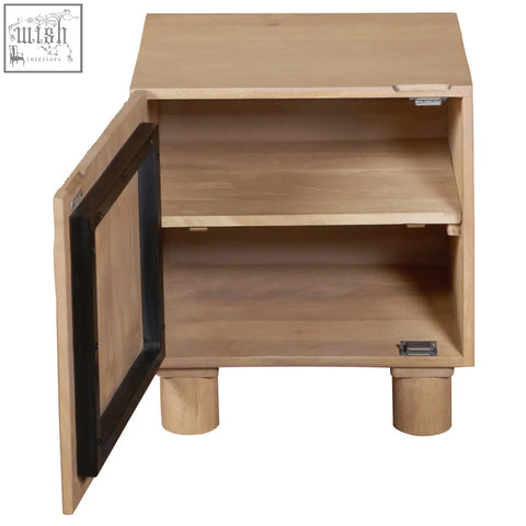 Light wood ajmer solid wood bedside table with light brown finish, fluted design, open door showing two shelves and cylindrical legs