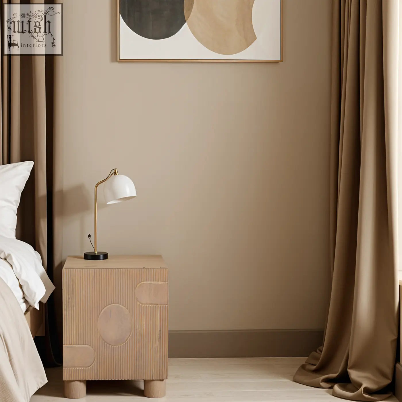 Ajmer solid wood bedside table with a light brown finish and fluted design featuring circular cutouts