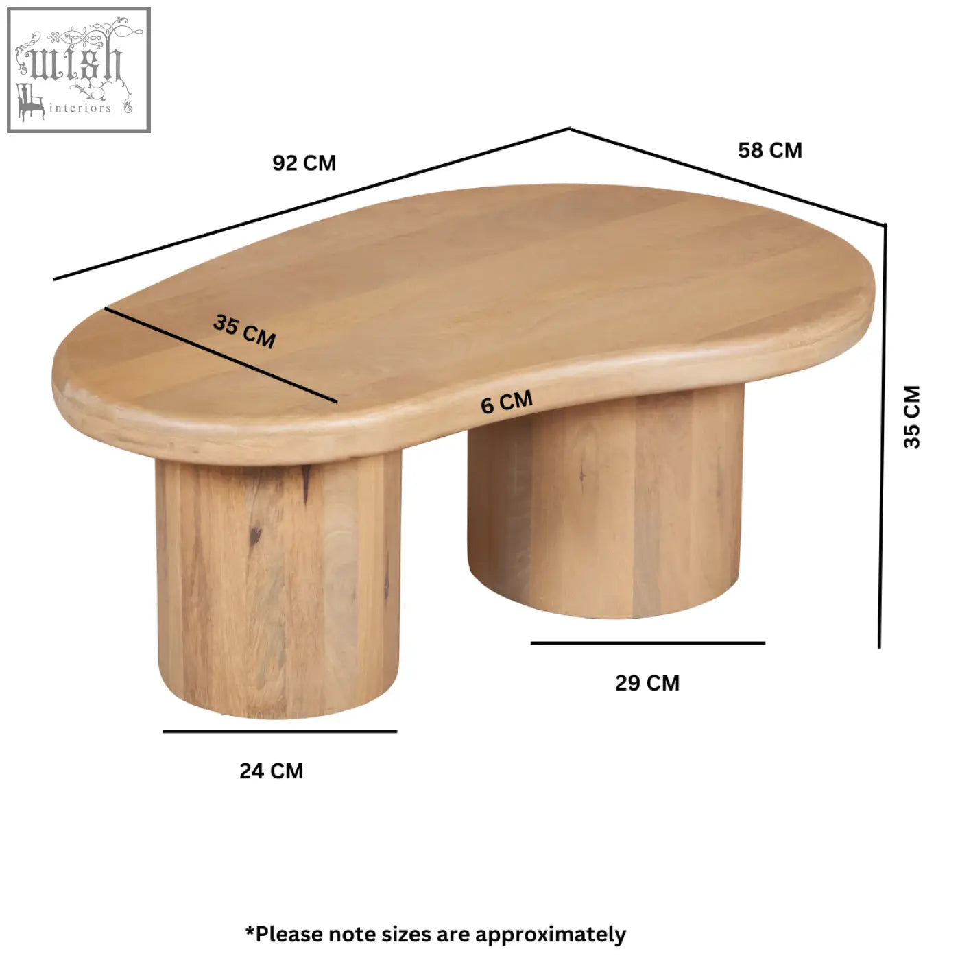 Light-colored ajmer solid wood coffee table with oval top and two cylindrical legs without vibrant blue color