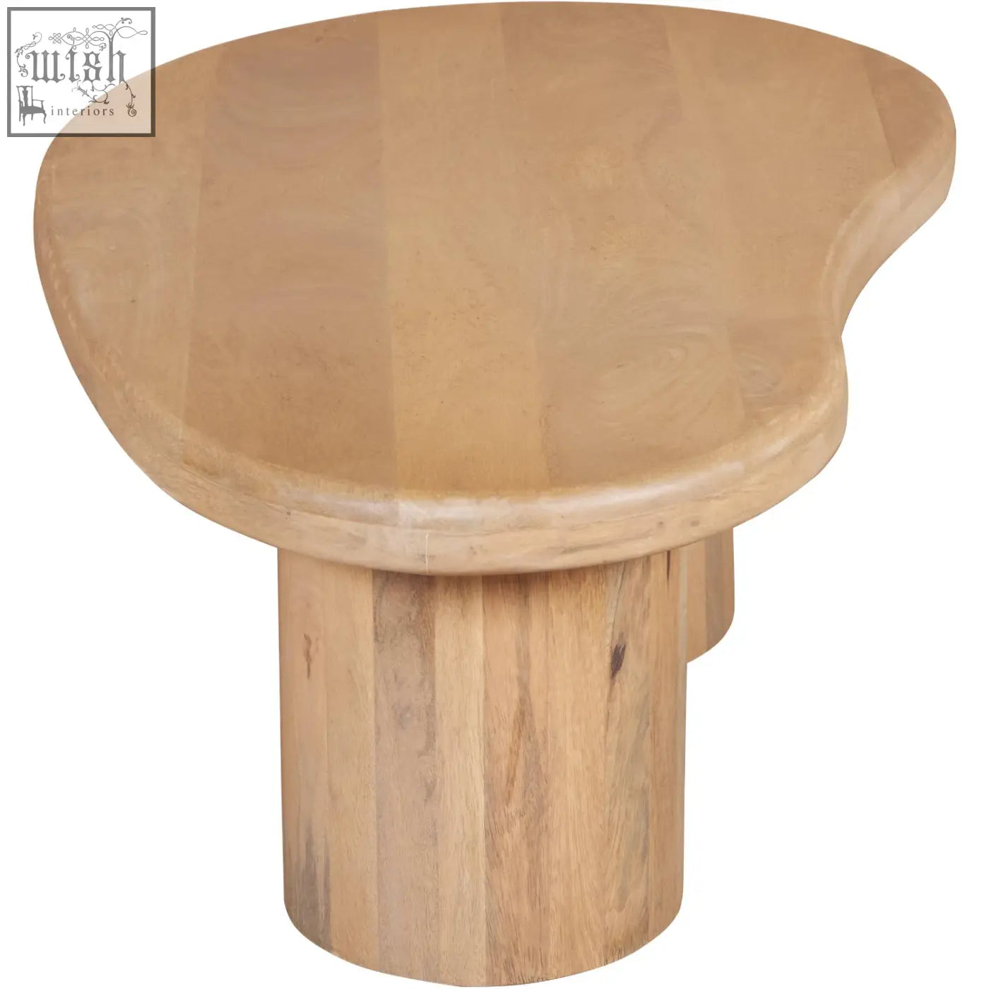 Light-colored ajmer solid wood coffee table with smooth organic top and cylindrical base without vibrant blue color