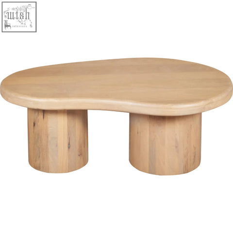 Ajmer solid wood coffee table with light wooden oval top and two cylindrical legs perfect for living room use