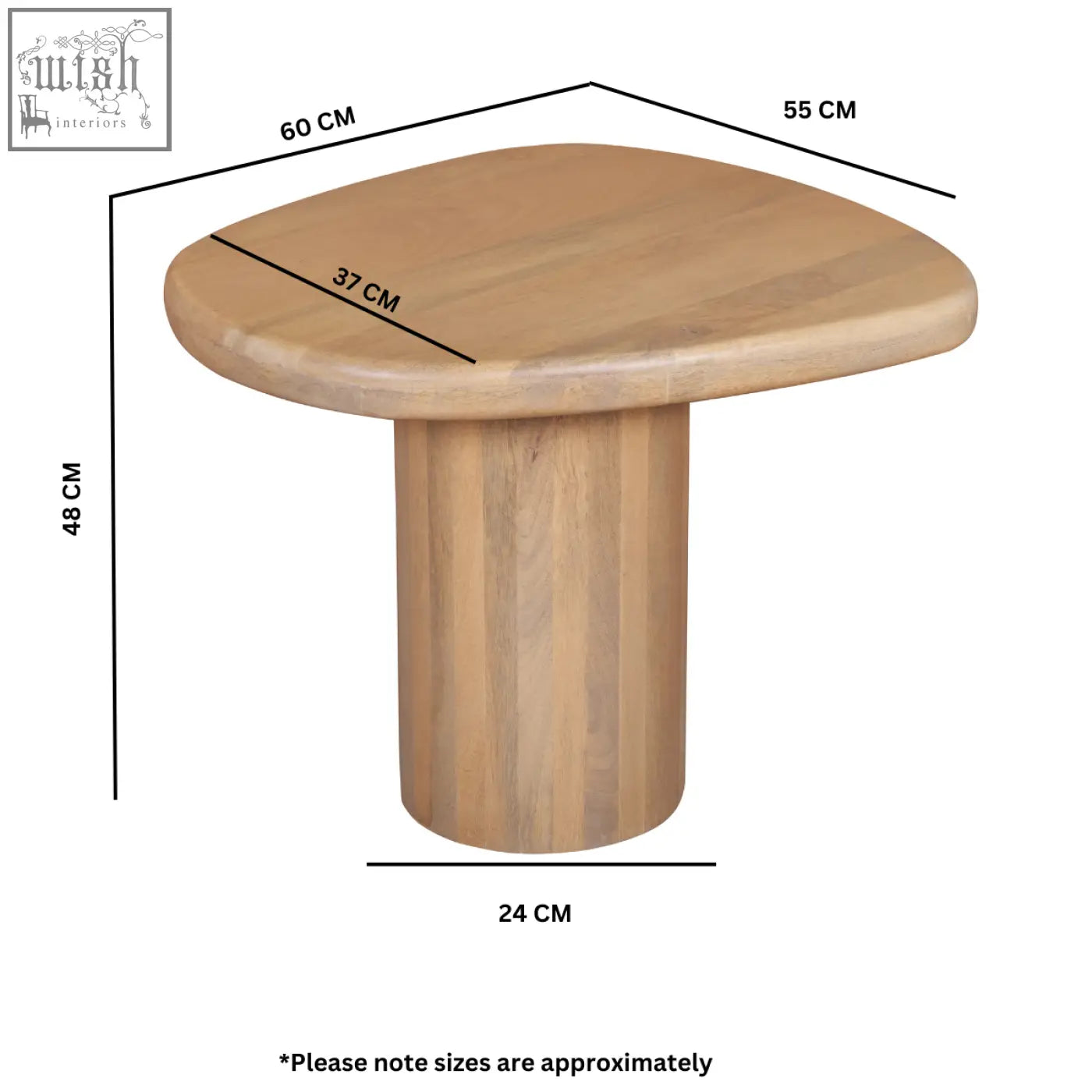 Ajmer solid wood side table with light-colored organic shape rounded top and blue color cylindrical pedestal base