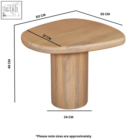Ajmer solid wood side table with light-colored organic shape rounded top and blue color cylindrical pedestal base