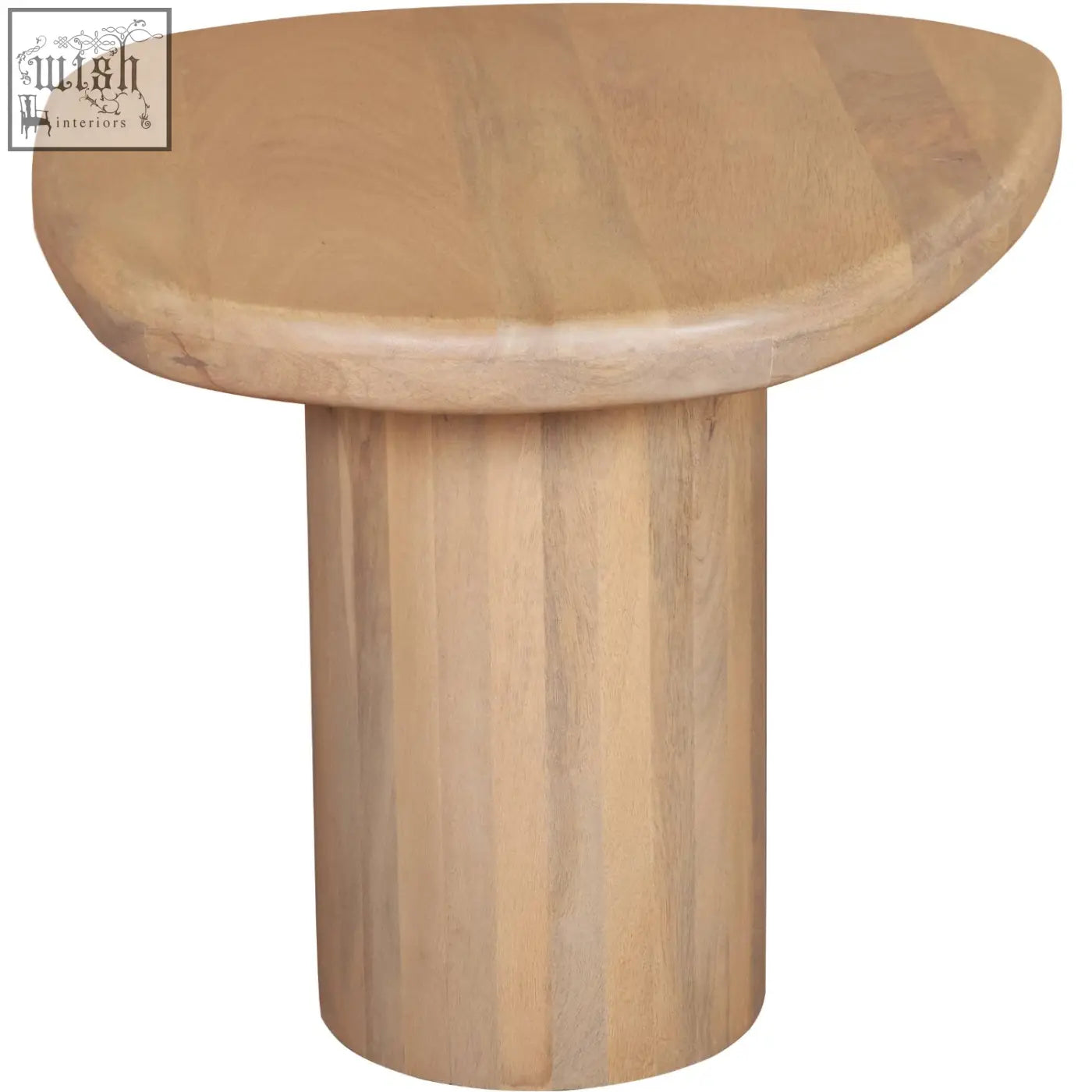 Ajmer solid wood side table with light wood finish and smooth rounded top featuring an organic shape design