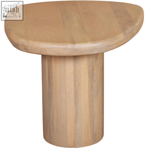 Ajmer solid wood side table with light wood finish and smooth rounded top featuring an organic shape design