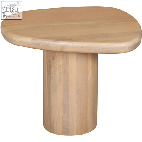 Ajmer solid wood side table with light wood finish organic shape and smooth rounded top with cylindrical base