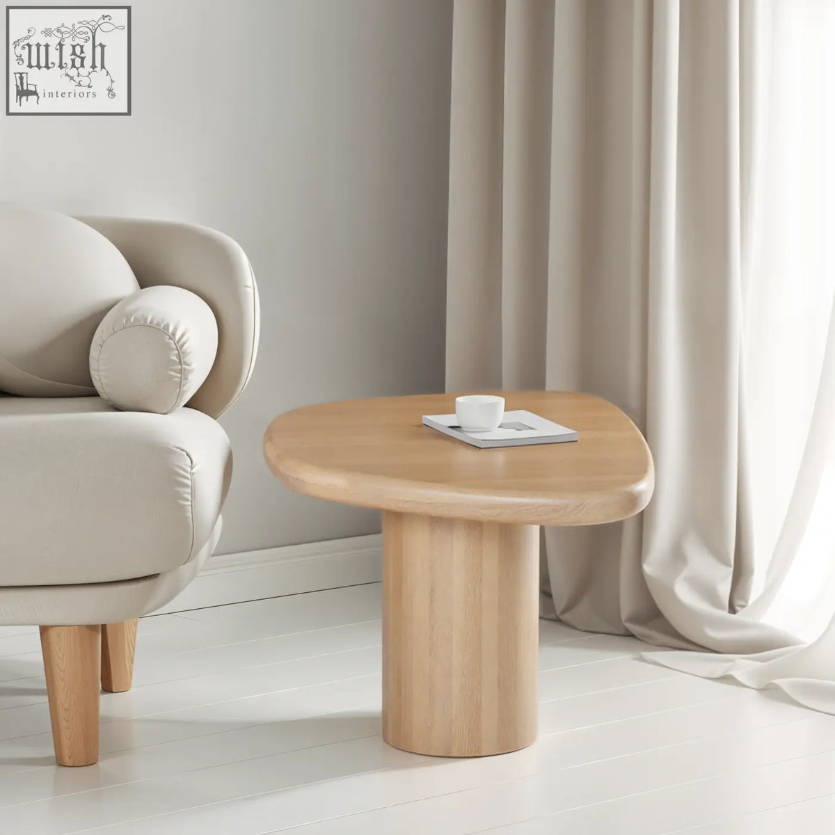 Light wood finish ajmer solid wood side table with an organic shape and cylindrical pedestal base in blue color