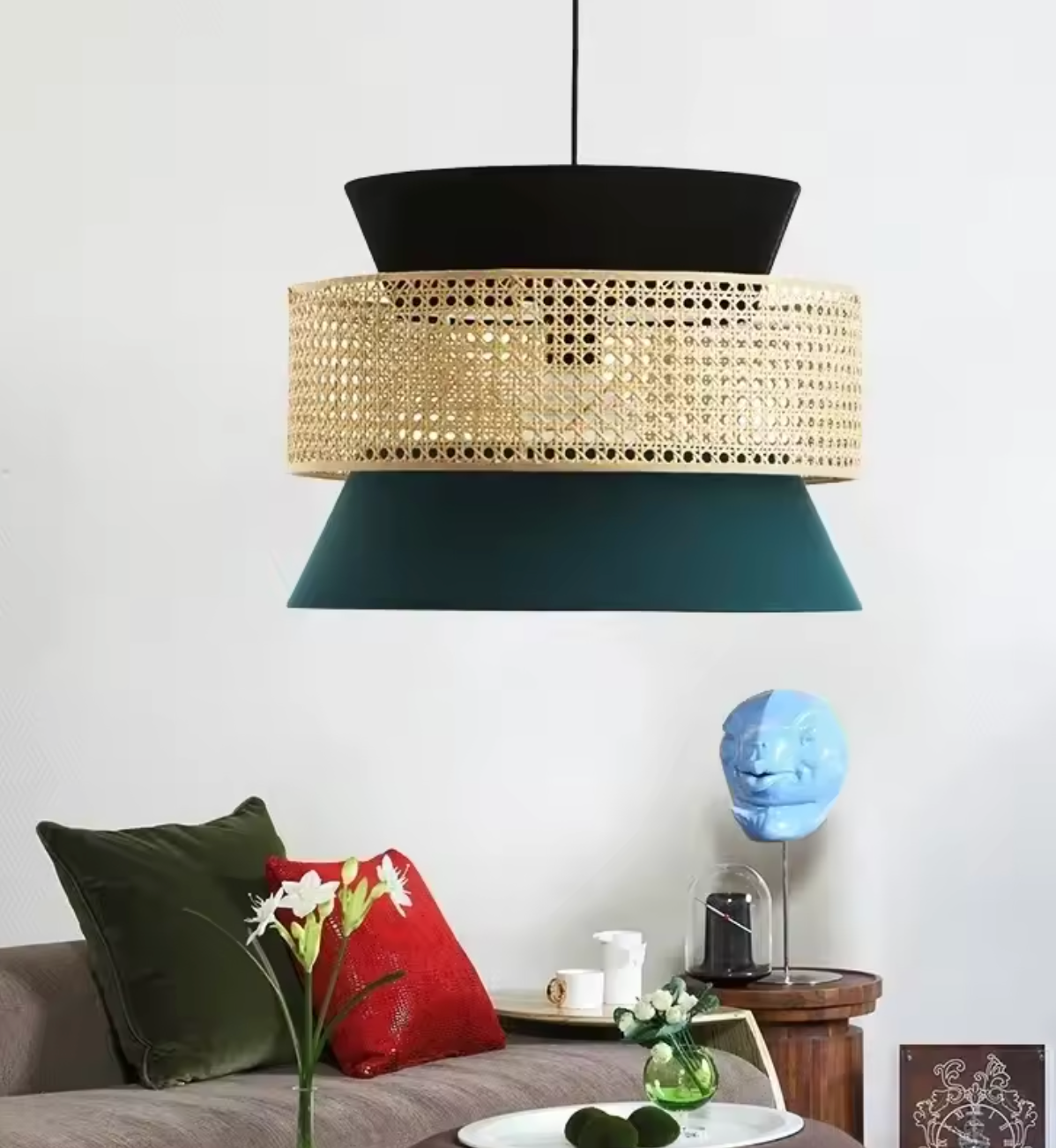 Black and teal tiered pendant light aka light with woven rattan band for stylish home decor lighting