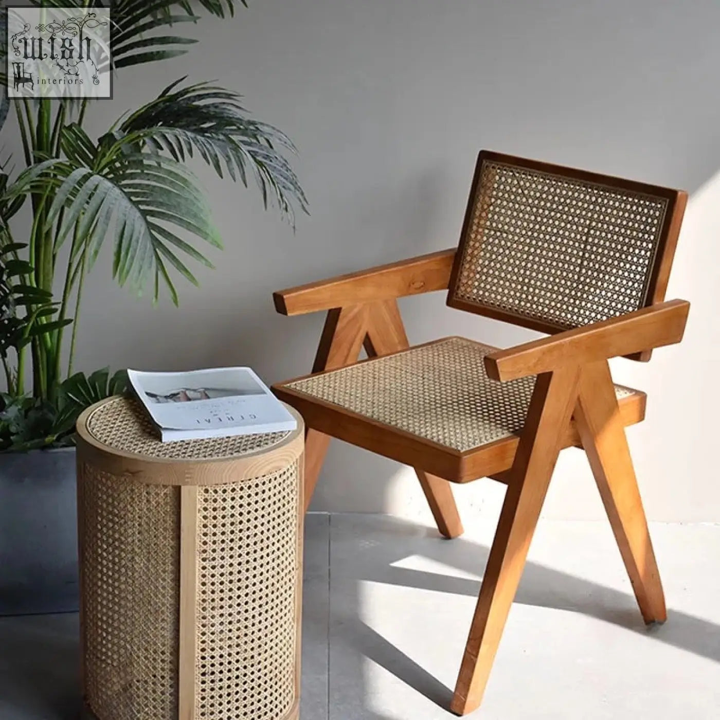 Akane chair mid-century modern cane chair with light wood frame and woven rattan backrest sleek silhouette