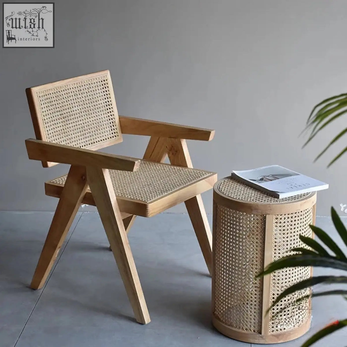 Light wood akane chair with woven rattan backrest and seat featuring a sleek silhouette for stylish seating