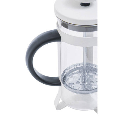 White french press coffee maker with black handle and clear glass body in akeala matte white cafetiere 350ml design