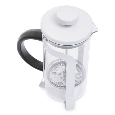 Akeala matte white cafetiere 350ml with black handle and silver metal filter in a sleek matte white finish