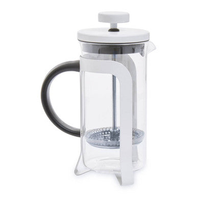 White french press coffee maker with clear glass body and black handle in akeala matte white cafetiere 350ml design