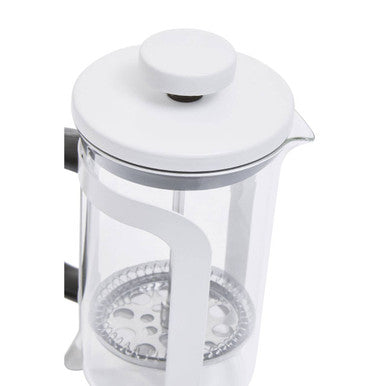 White glass akeala matte white cafetiere 350ml with white plastic lid handle and metallic filter basket inside