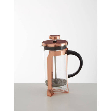 Akeala rose gold cafetiere 350 ml with copper finish black handle and glass body for stylish coffee brewing