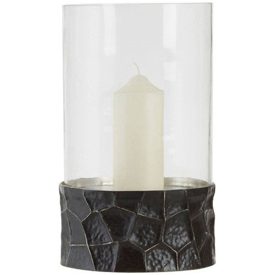 Clear glass candle holder with textured black metal base part of akola black and gold large hurricane candle holder