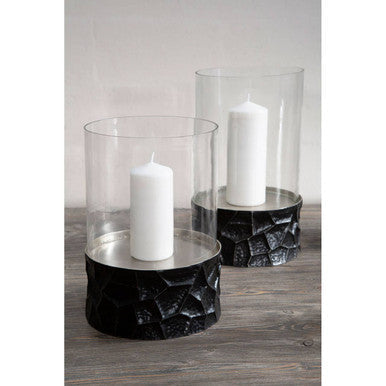 Black textured glass candle holder with white candles from akola black and gold large hurricane candle holder