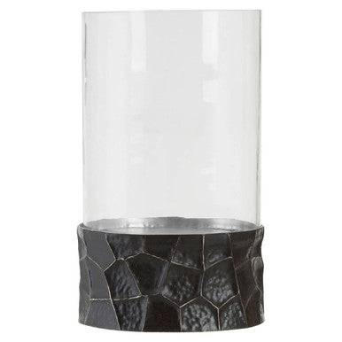 Clear glass large hurricane candle holder with textured black metal base from akola black and gold large hurricane collection