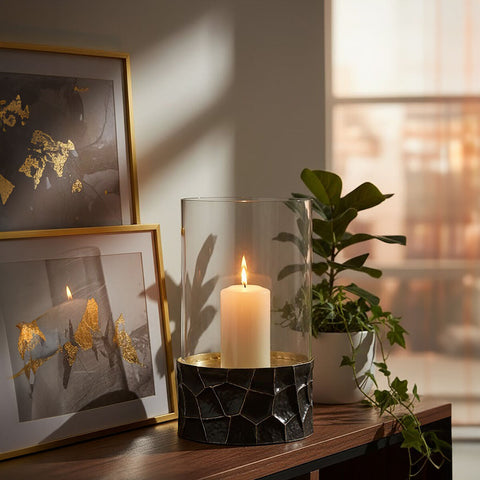 A tall clear glass candle holder with a black textured base holds a lit white pillar candle in the akola large hurricane candle holder