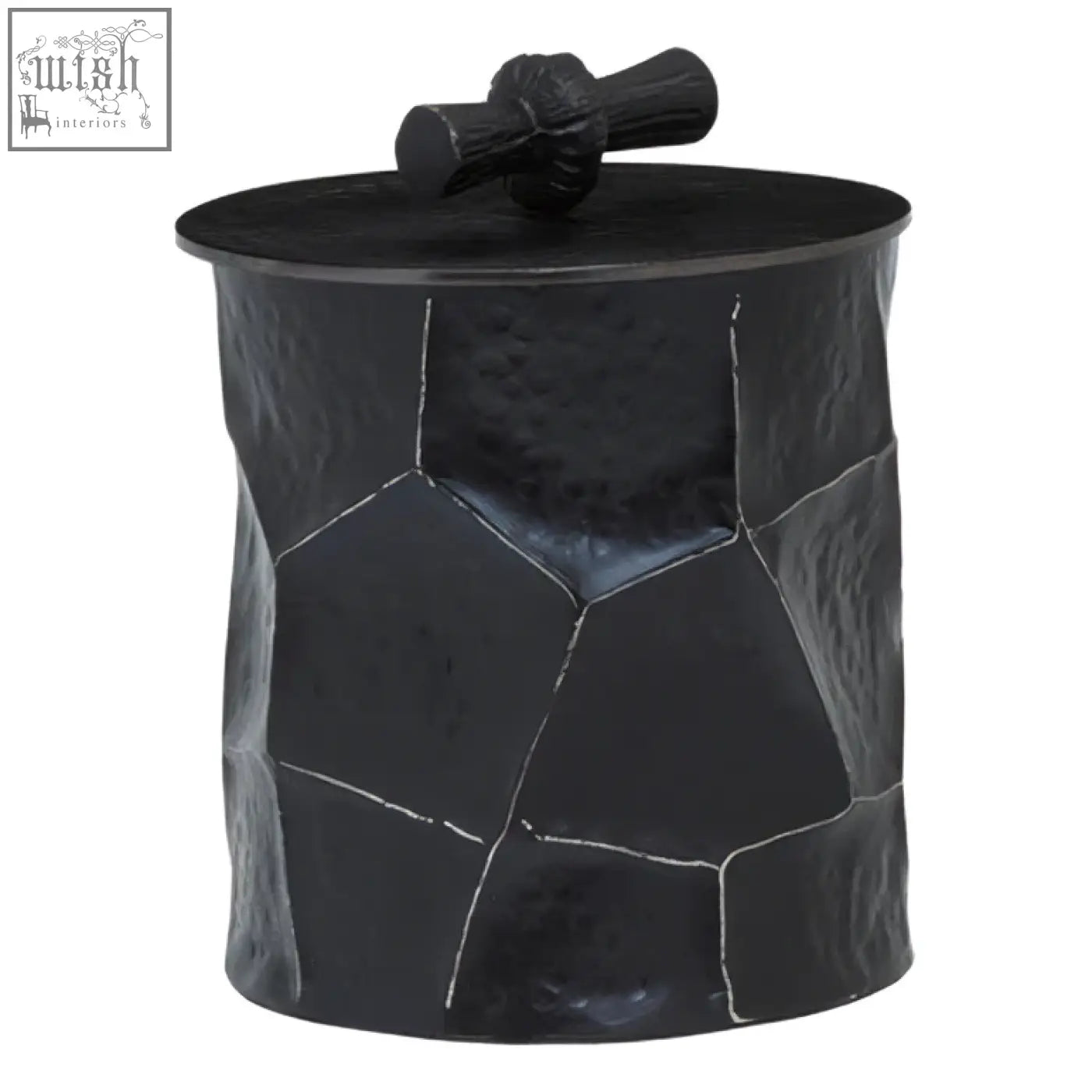 Akola large black and gold trinket box with hammered metal ice bucket design and ornate textured handle on lid
