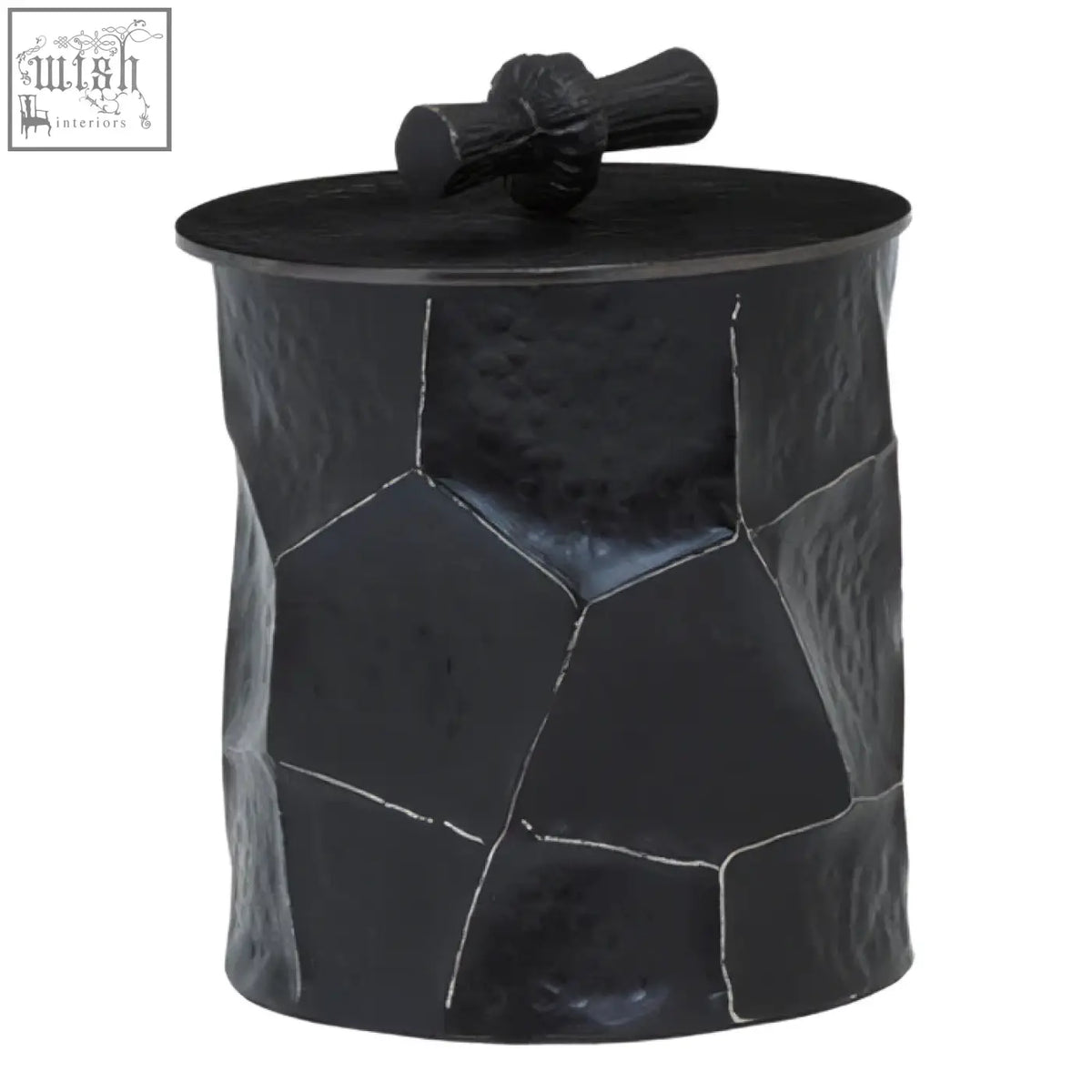 Akola large black and gold trinket box with hammered metal ice bucket design and ornate textured handle on lid