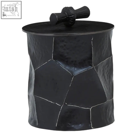 Akola large black and gold trinket box with hammered metal ice bucket design and ornate textured handle on lid
