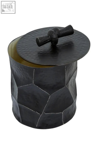 Akola large black hammered metal trinket box with matching lid and dark wooden handle perfect for storage