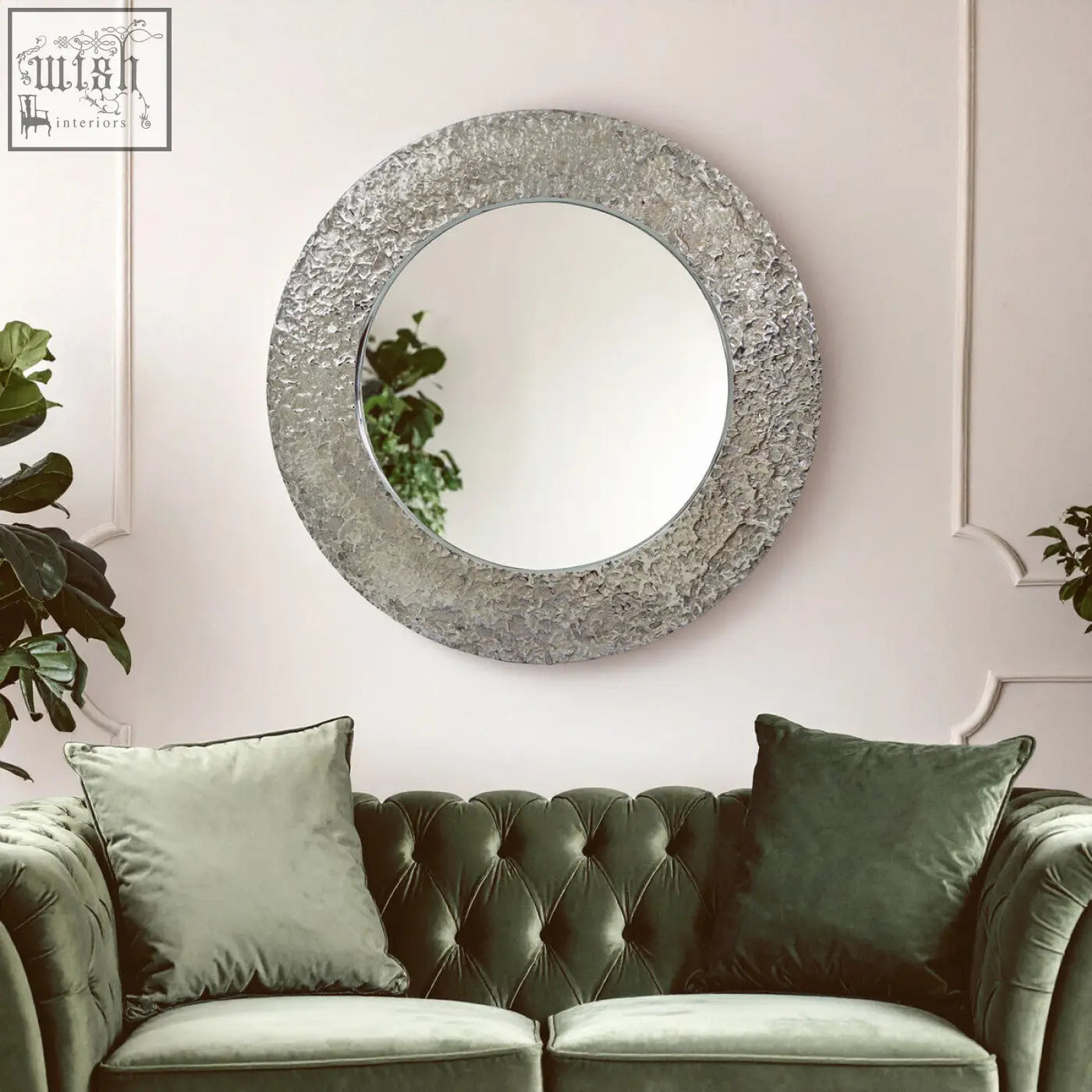 Akola nickle finish round wall mirror with textured silver-toned metallic frame perfect round wall mirror decor