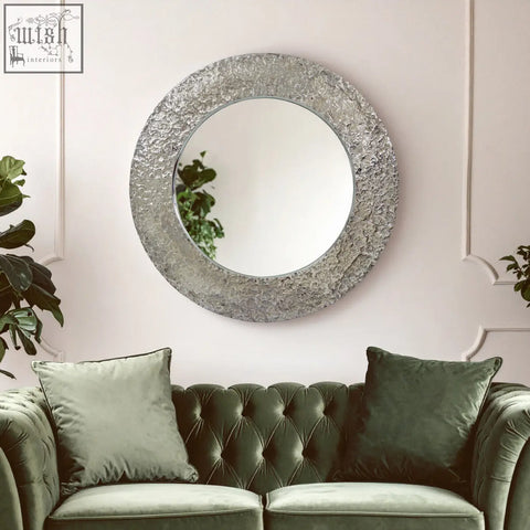 Akola nickle finish round wall mirror with textured silver-toned metallic frame perfect round wall mirror decor