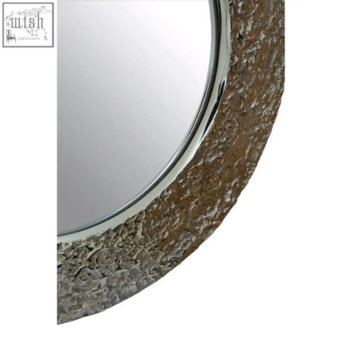 Akola nickel finish round wall mirror with a textured metallic silver frame perfect for any round wall space