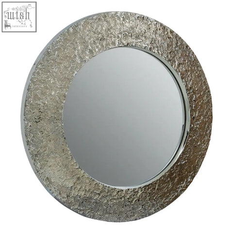Silver framed round wall mirror with textured hammered nickel finish metal border for stylish wall decor
