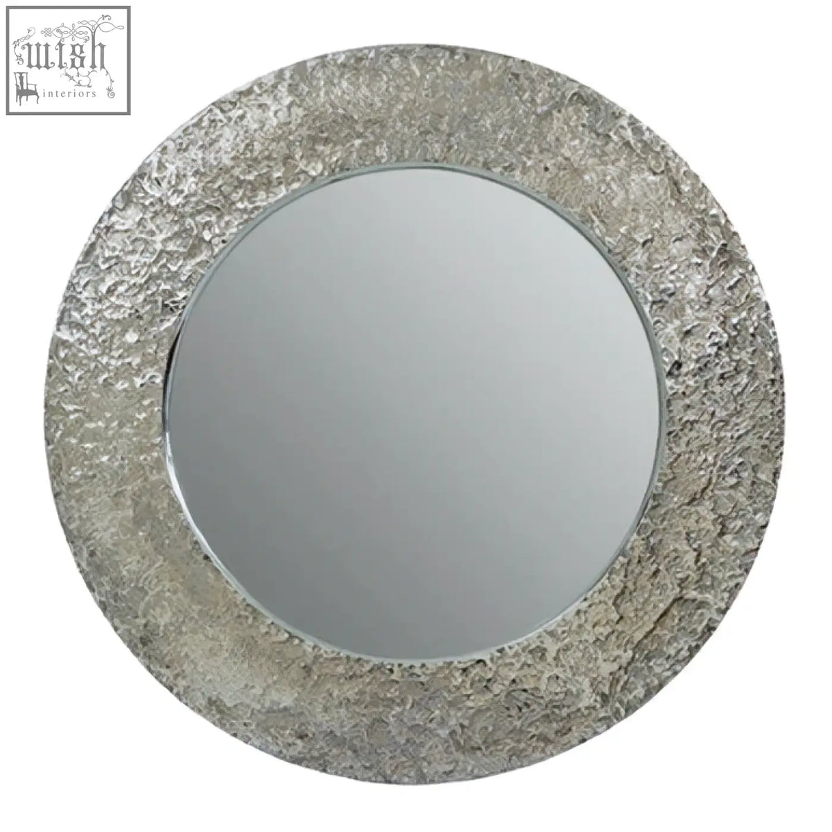 Silver textured round wall mirror with hammered nickel finish metal frame perfect for stylish wall decor