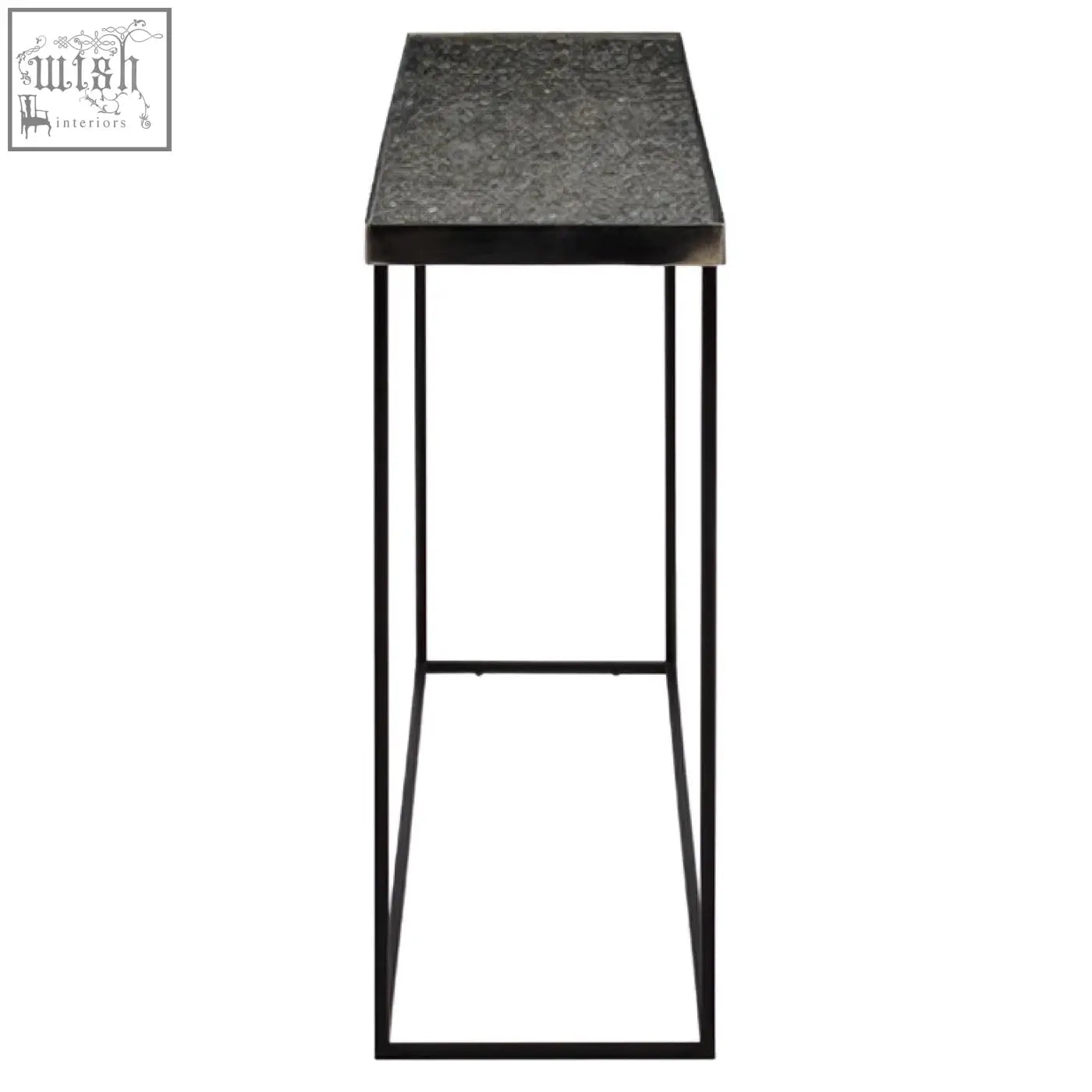 Black metal console table with textured speckled gray top shown as a stylish silver console table option