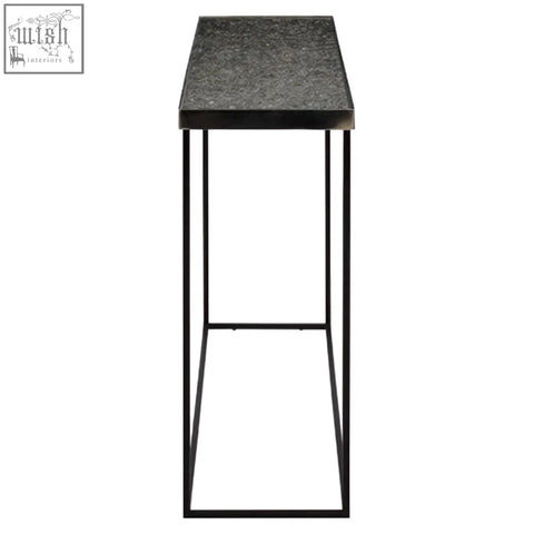 Black metal console table with textured speckled gray top shown as a stylish silver console table option