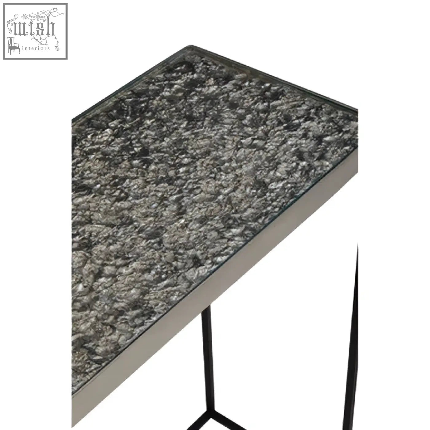 Akola silver console table with a textured dark gray stone top and sleek black metal legs for stylish storage
