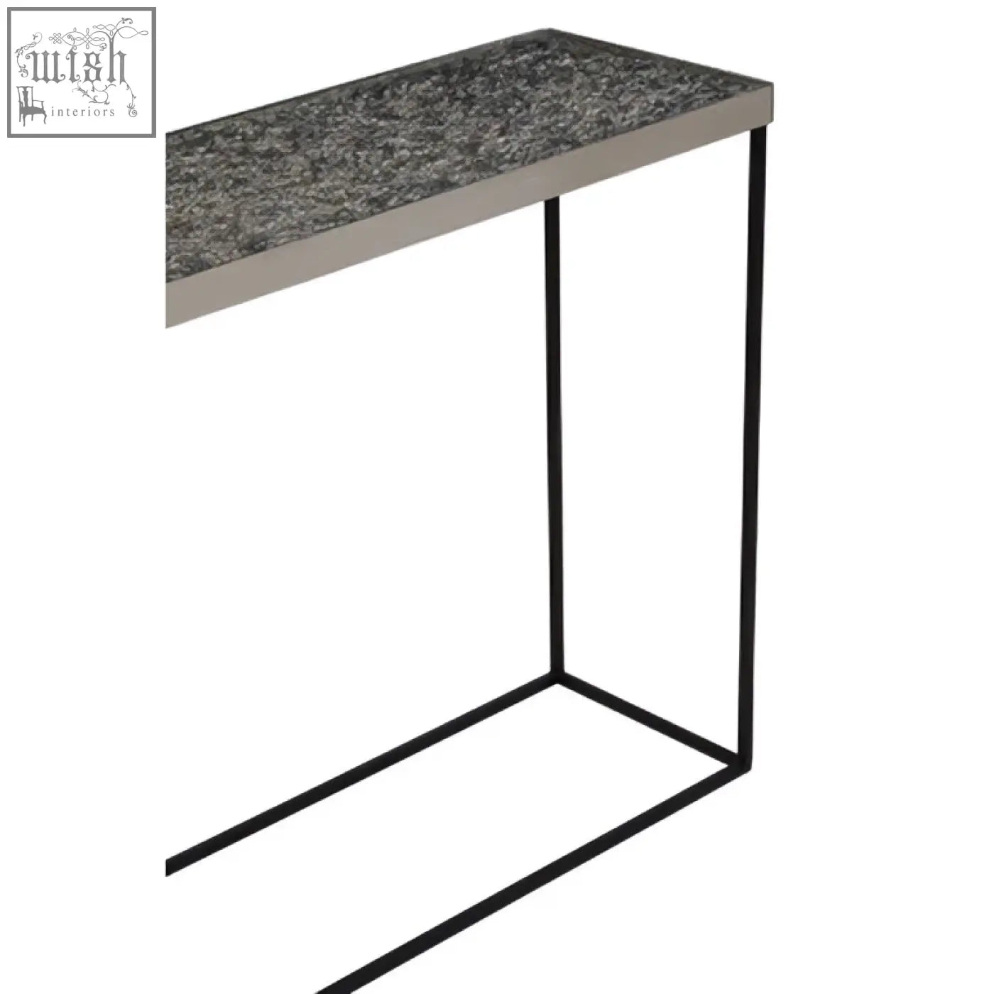 Akola silver console table with gray speckled granite top on minimalist black metal frame console table